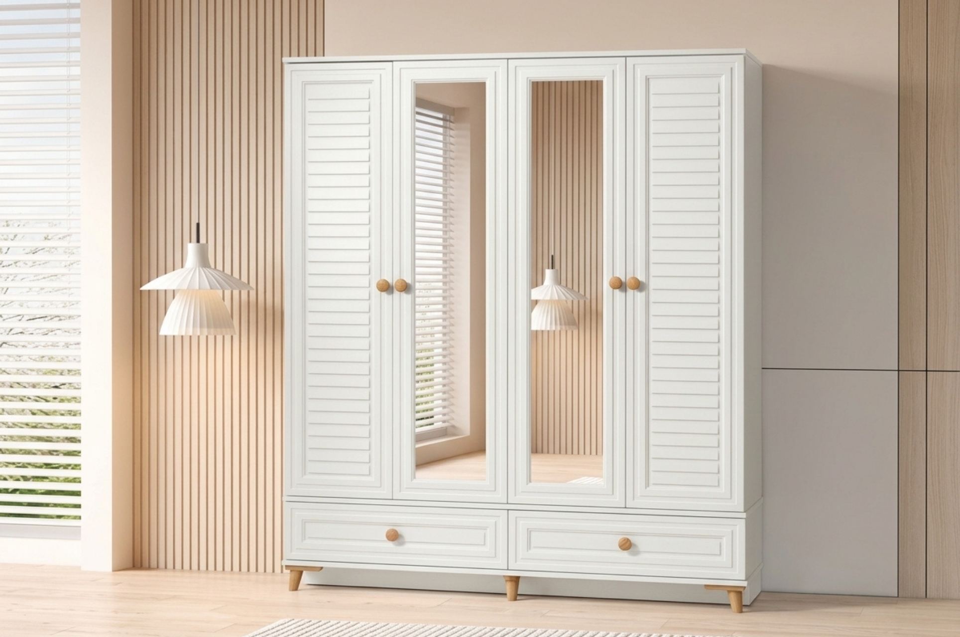Sıla 4 Kapılı Aynalı Dolap  Beyaz Modern Gardırop